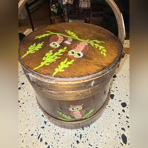 Firkin Lidded Bucket Pail, 70s, Upcycled Owl Painted, Purse